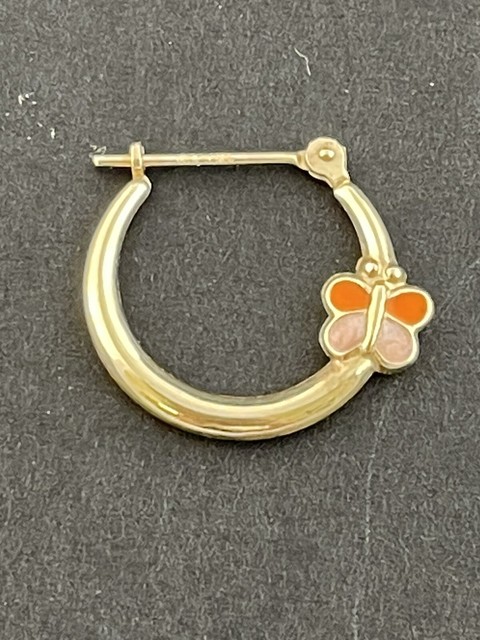 10K Yellow Gold Pink Orange Enamel Butterfly Hoop Earring SINGLE-JUST ONE 10K Yellow Gold Pink Orange Enamel Butterfly Hoop Earring SINGLE-JUST ONE