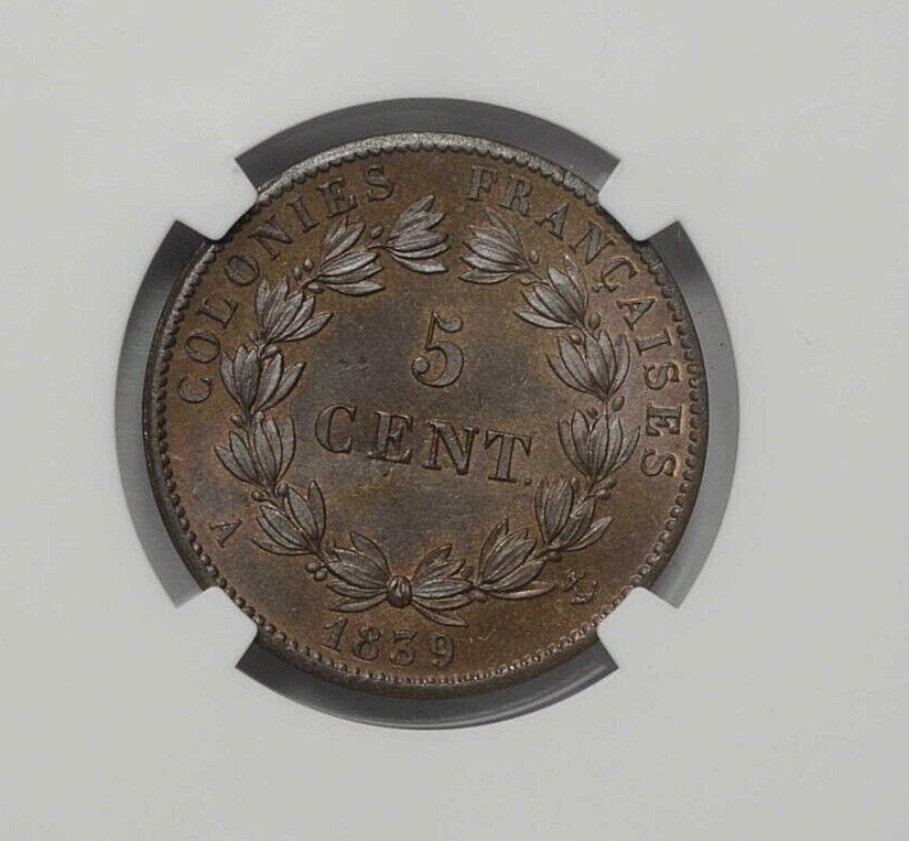 François-Marie PAST-PRESENT 1839-A FRENCH COLONIES LOUIS PHILIPPE BRONZE 5 CENTIMES NGC GEM MS