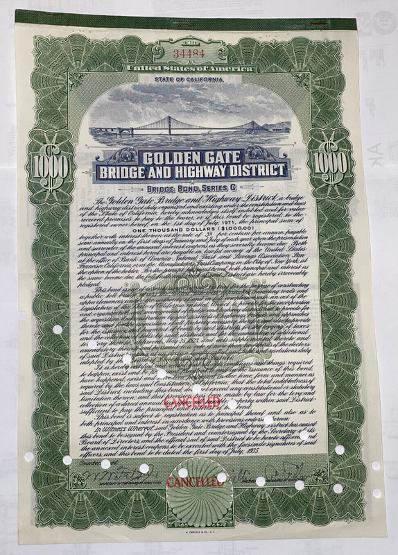 Original GOLDEN GATE BRIDGE $1000 Construction Bond Series C 1935/1971 #34484