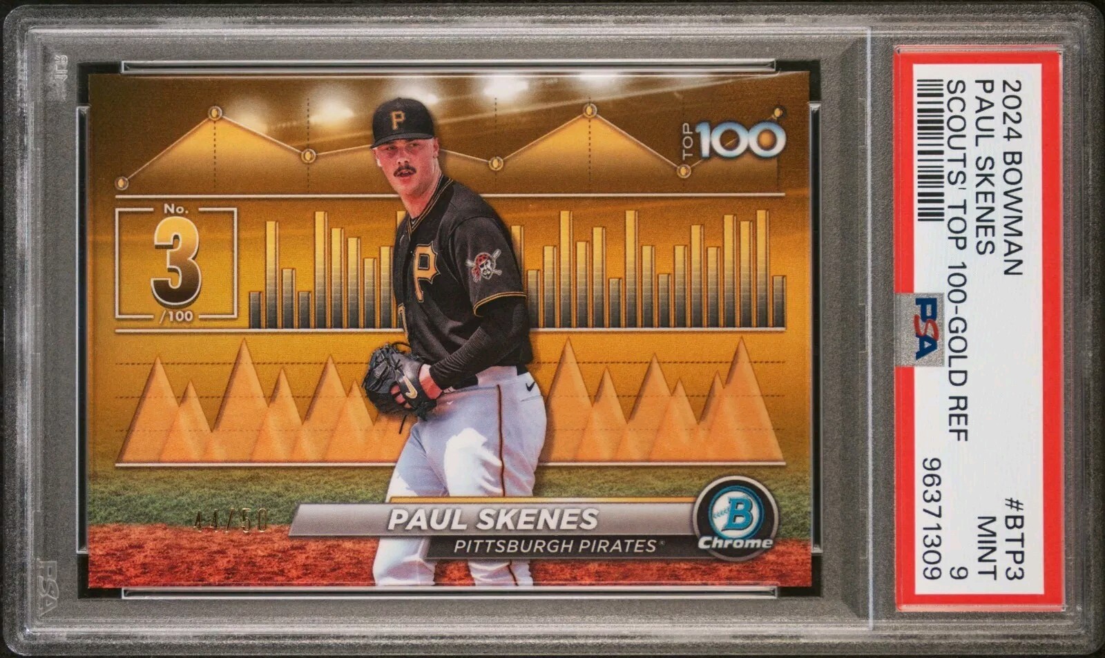 Paul SKENES /50 GOLD Refractor PSA 9 MINT 🔥 POP of 3 2024 Bowman Scouts Top 100