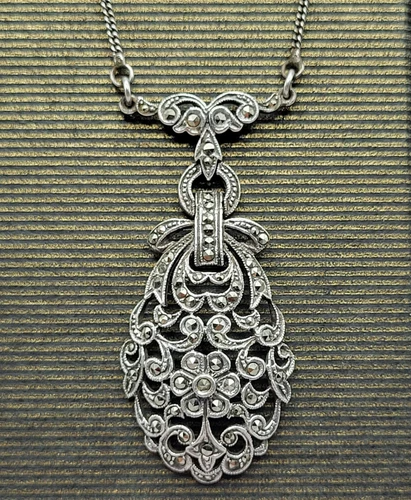 Antique Art Deco 925 Sterling Silver Marcasite Necklace Old Estate Jewelry 15"