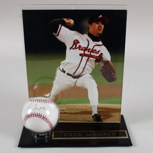 Greg Maddux Signed Baseball w/ Display & Photo Atlanta Braves COA JSA Cert.