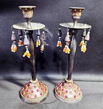 2 Brown Metal Ornate Chain Bead Red Inlays Candlestick Holders