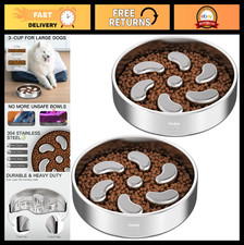 Slow Feeder Dog Bowl 3 Cups for Large Breeds - Stainless Steel, Non-Slip Base, 2