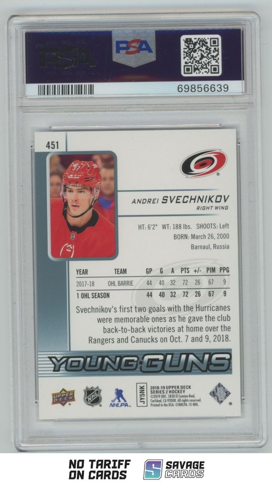 2018-19 Upper Deck Young Guns Andrei Svechnikov PSA 10 #451 Carolina ...