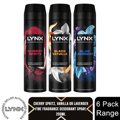 Lynx Fine Fragrance Cherry Spritz, Vanille oder Lavendel Deodorant Spray 200ml, 6er Pack