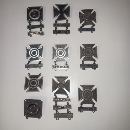 10 WW2 US Military Marksmanship Proficiency Badges Sterling Silver 110 Grams