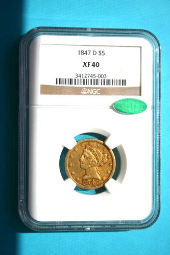 An 1847 D $5 Liberty Half Eagle Gold Coin. NGC Certified XF 40. CAC. Dahlonega M