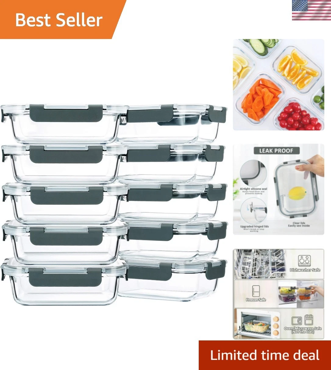 10-Pack,22 Oz Glass Meal Prep Containers,Glass Food Storage Containers with l...