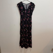 Madewell Black Floral Cupro V-Neck Midi Dress Cap Sleeve Side Slit Size 0