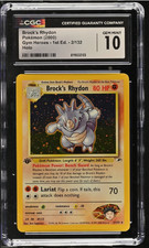 CGC 10 GEM MINT Brock's Rhydon Gym Heroes 1st Edition 2/132 Holo Pokemon Card