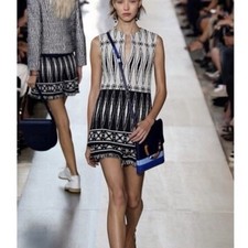 Tory Burch Runway Savora Tweed Jacquard Woven Fringe Gem Tunic Mini Dress Sz 0