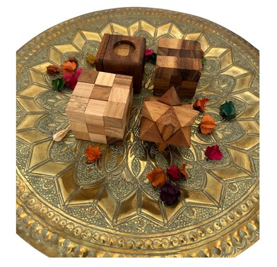 Set of 4 Handcrafted Wooden IQ Puzzles Cube Game -Sustainable Ethical