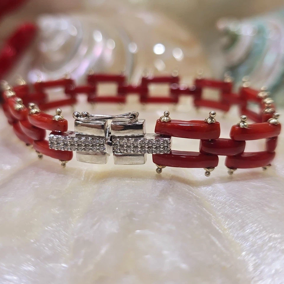 Bracciale corallo rosso naturale argento 925 zirconi fatto a mano italiano - Immagine 2 di 4