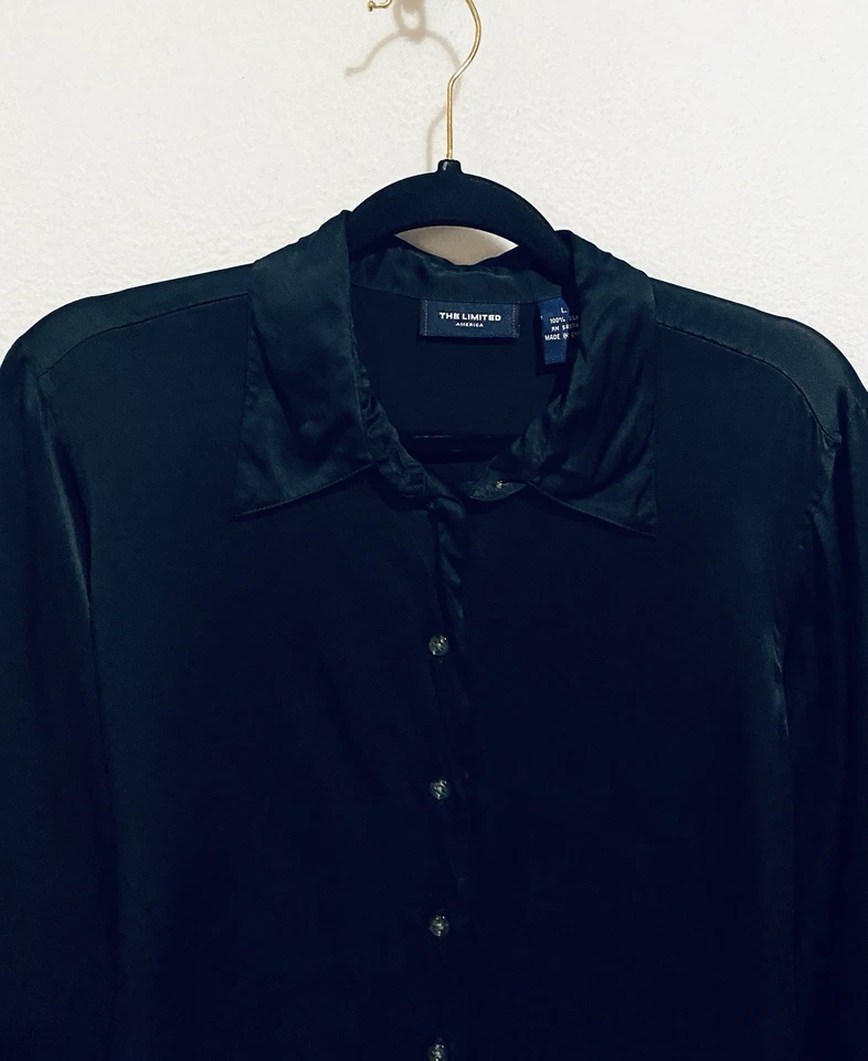 The Limited Top Womens Large Black Satin Silk Button Up Whimsigoth Witchy - Image 2 of 4