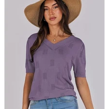 Womens V Neck Short Sleeve Knit Sweater Pullover Purple Textured Size XL