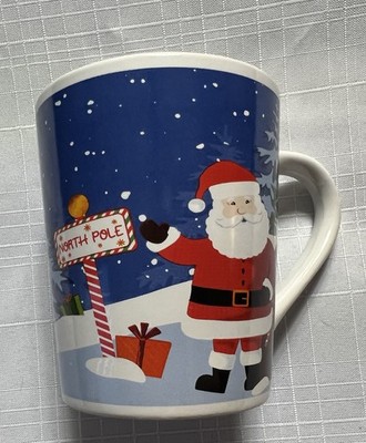North Pole Festive Santa & Snowman Cocoa & Coffee Mug Snowflakes Winter Scene