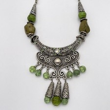 Boho Statement Bib Necklace Silver Tone Green Stone Beads Dangle Pendant