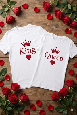 Paar T-Shirts King Queen Valentinstag personalisiert Geschenk Herren Damen Set 2tlg