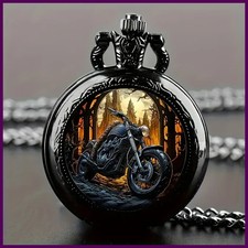 Vintage Black Motorcycle Quartz Pocket Watch, Necklace Pendant With World.