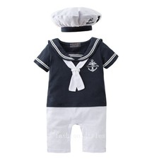 Baby Boys Girls Sailor Costume Suit Outfit Dress Romper Clothes  HAT Set 3-18M