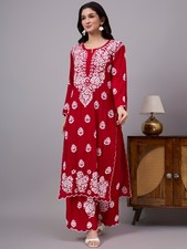 Red Modal Chikankari Kurti Palazzo Set, Ethnic wear