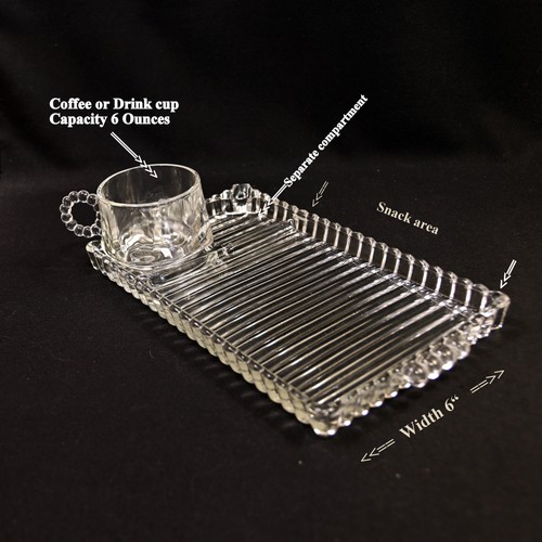 Set of 4 Party Snack Tray wCup Sip Snack & Smoke Clear Crystal Glass Hazel Atlas - Picture 4 of 24