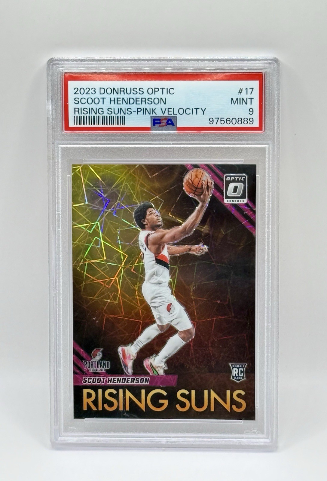2023 Donruss Optic Rising Suns Pink Velocity Prizm /79 Scoot Henderson PSA 9 RC