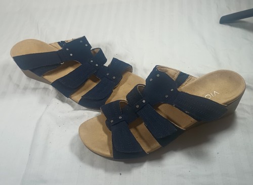 Vionic Women's Suportive Foot Bed Strappy Wedge Sandals Navy Slip On Size 8.5 - Picture 4 of 10