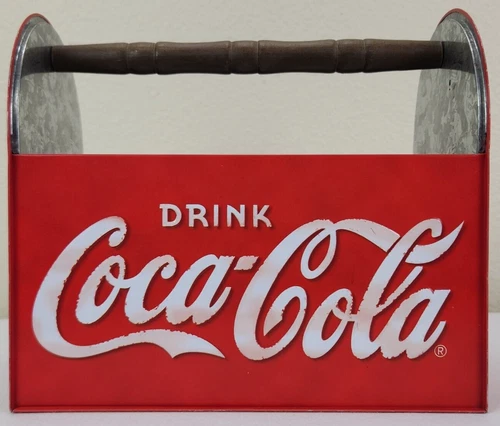 VTG Coca-Cola Tin Utensil Picnic Lunch Carryall Box Compartments Wooden Handle