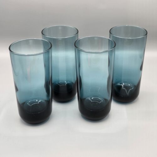 Set Of 4 MCM Highball Glasses Art Glass BLUE Cocktail Tea Water 6.5" Vtg - Picture 2 of 9