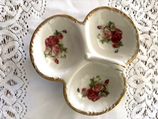 Vintage Bond Ware L & M 3 Section Porcelain Dish w/ Gold Trim & Handle