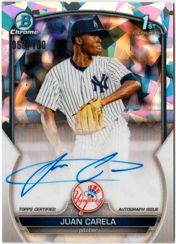 JUAN CARELA AUTO 2023 BOWMAN CHROME ATOMIC REFRACTOR 63/100 AUTOGRAPH 1st CARD