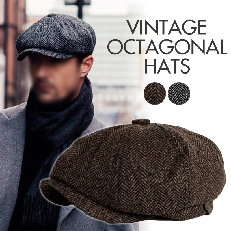 Men Octagonal Beret Hat Newsboy Cap Vintage Tweed Flat Cowboy Baker Golf Hat