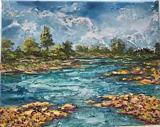 ORIGINAL OIL Painting SUMMER RIVER LANDSCAPE  impasto 10"x 8" by Olga Diduh.