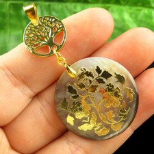 2Pcs Black Abalone Shell Gold Flower Round Gold Tree of life Pendant SSM28056