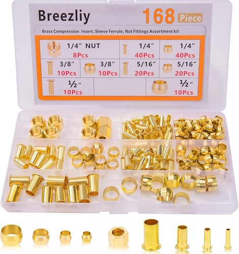 168PCS Tubo OD(1/4" 5/16" 3/8" 1/2" Manicotti a compressione ottone ferri e
