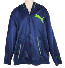 Puma Sport Lifestyle Boys Hoodie Medium Blue Green Logo Full Zip Pockets Active