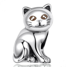    1 piece European charm silver cat or kitten sitting up with brown eyes spacer