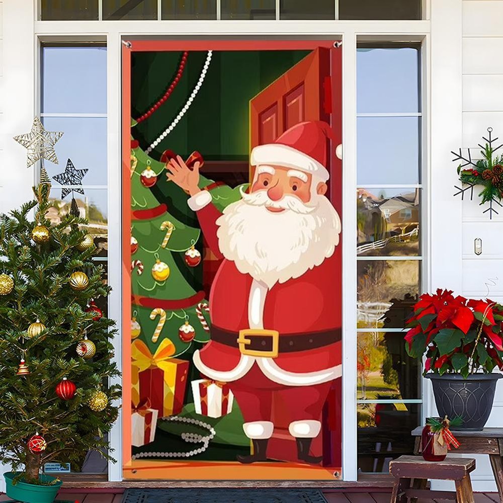 Christmas Door Cover Front Door Decoration Holiday Santa Claus Banner Print B2I1