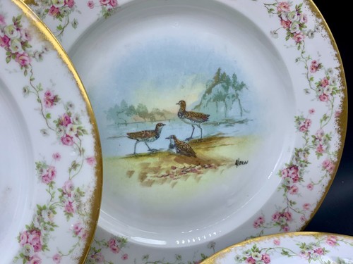 ANTIQUE DINNER PLATE LIMOGES SIGNED ROSE GARLAND GOLD BIRD DUCK PHEASANT SET 4 - Picture 7 of 12