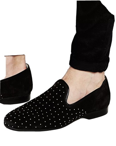 Studded Loafer Shoes Black Leather Slip 