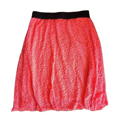LULAROE Solid All Neon Orange/Pink Floral Lace Overlay Lola Skirt Womens Size L