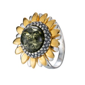 Authentic Gold Plated Sterling Silver and Baltic Green Amber Sunflower Ring