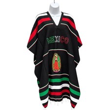 Mexican Poncho Cape Black Green Red White Striped Traditional Virgin Guadalupe