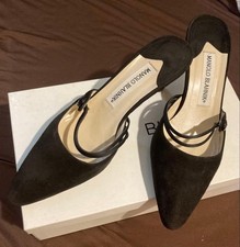 MANOLO BLAHNIK Strap Mules Pumps Black Suede Pointed Heel Women's 38 US8 w/Box