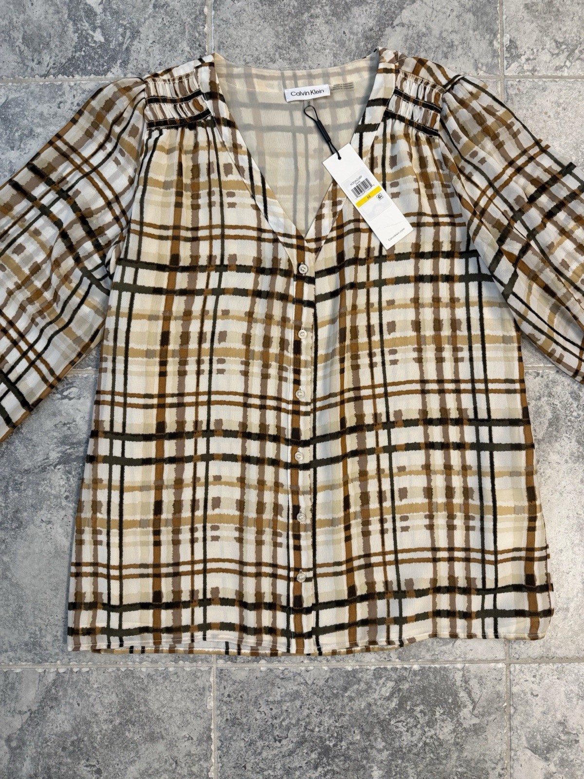 NWT Calvin Klein Women’s Brown Beige Plaid V-Neck Button-up Blouse Size Medium