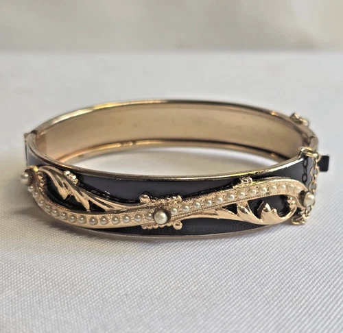 Vtg Marino Hinged Bangle 7" Costume Jewelry Faux Pearl Box Clasp Bracelet *READ*