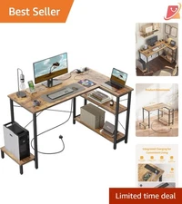 Small Computer Desk with Power Outlets Reversible Shelves CPU Stand Home Office