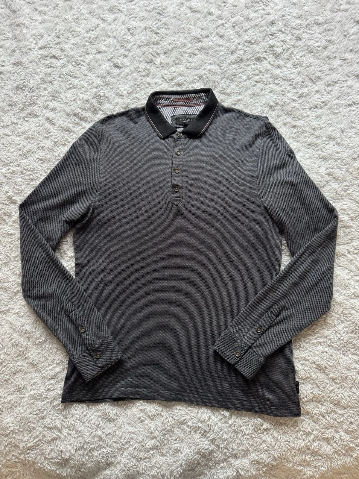 Ted Baker London Mens Polo Shirt Size 4 Large Grey Long Sleeve Cotton Button Up